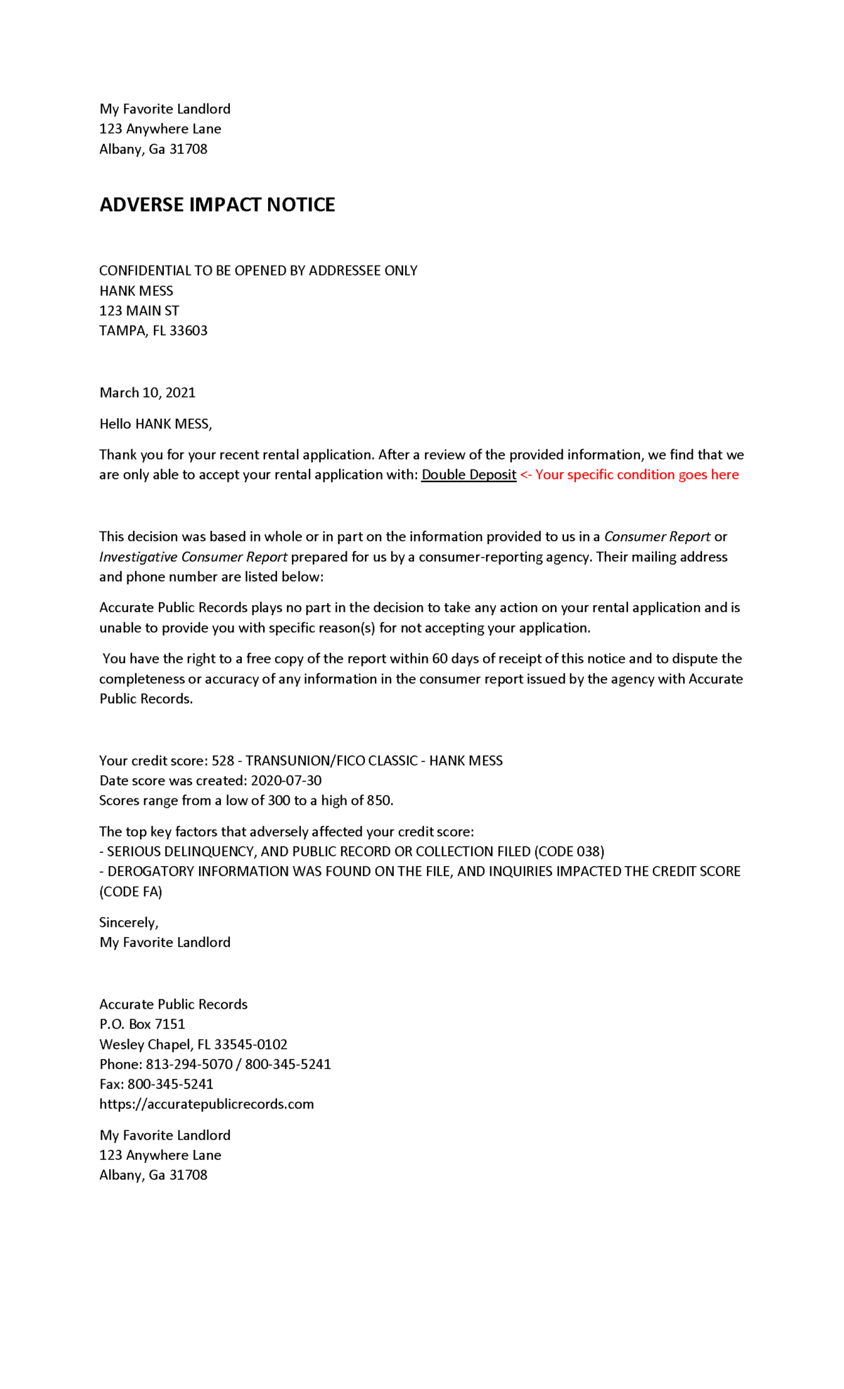 Adverse Action Notice - Tenant Conditional Offer Letter