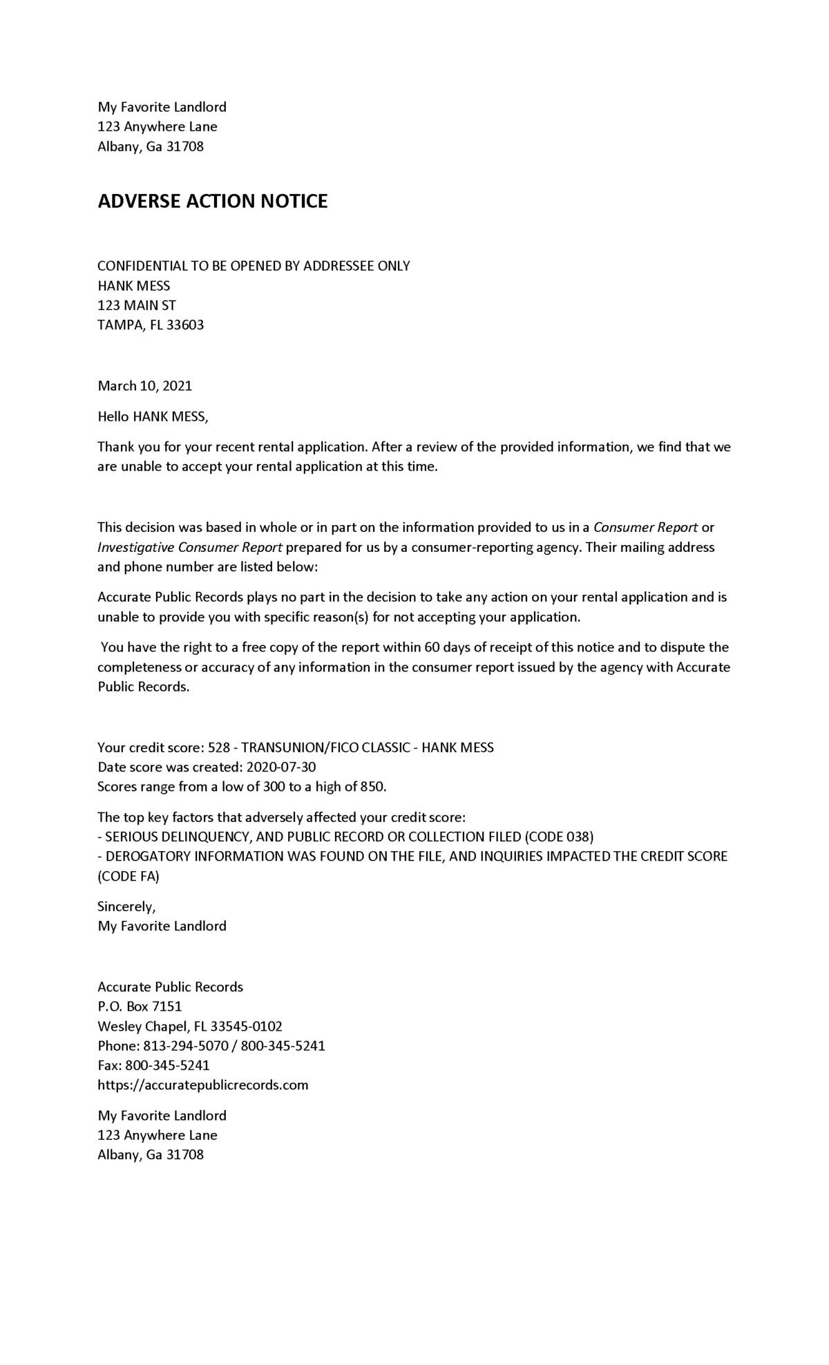 Adverse Action Notice - Nonspecific Tenant Denial Letter